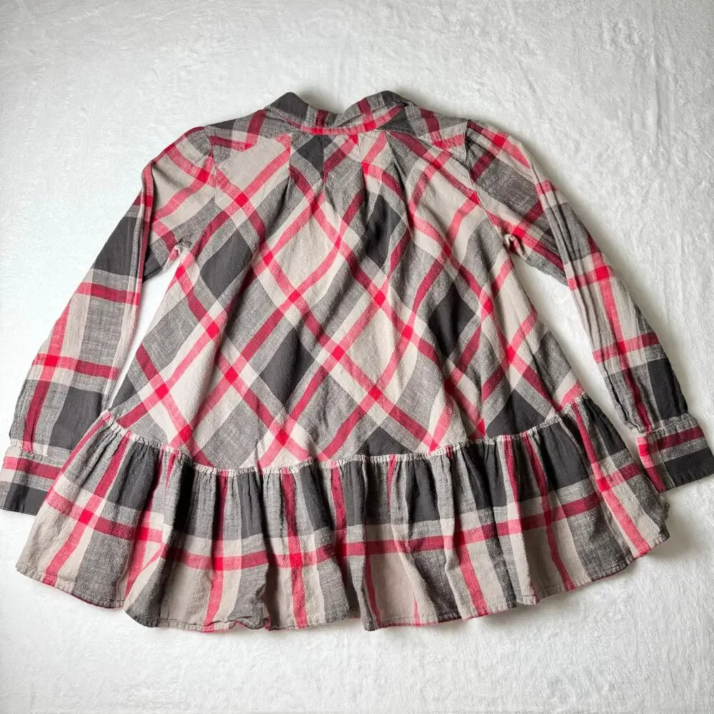 Free People Plaid Peplum Top XS | Red Grey Ruffle Hem Oversize Boho Blouse